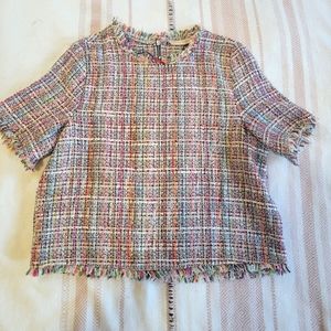 Zara Trafaluc women rainbow color tweed top with fringe edges S
